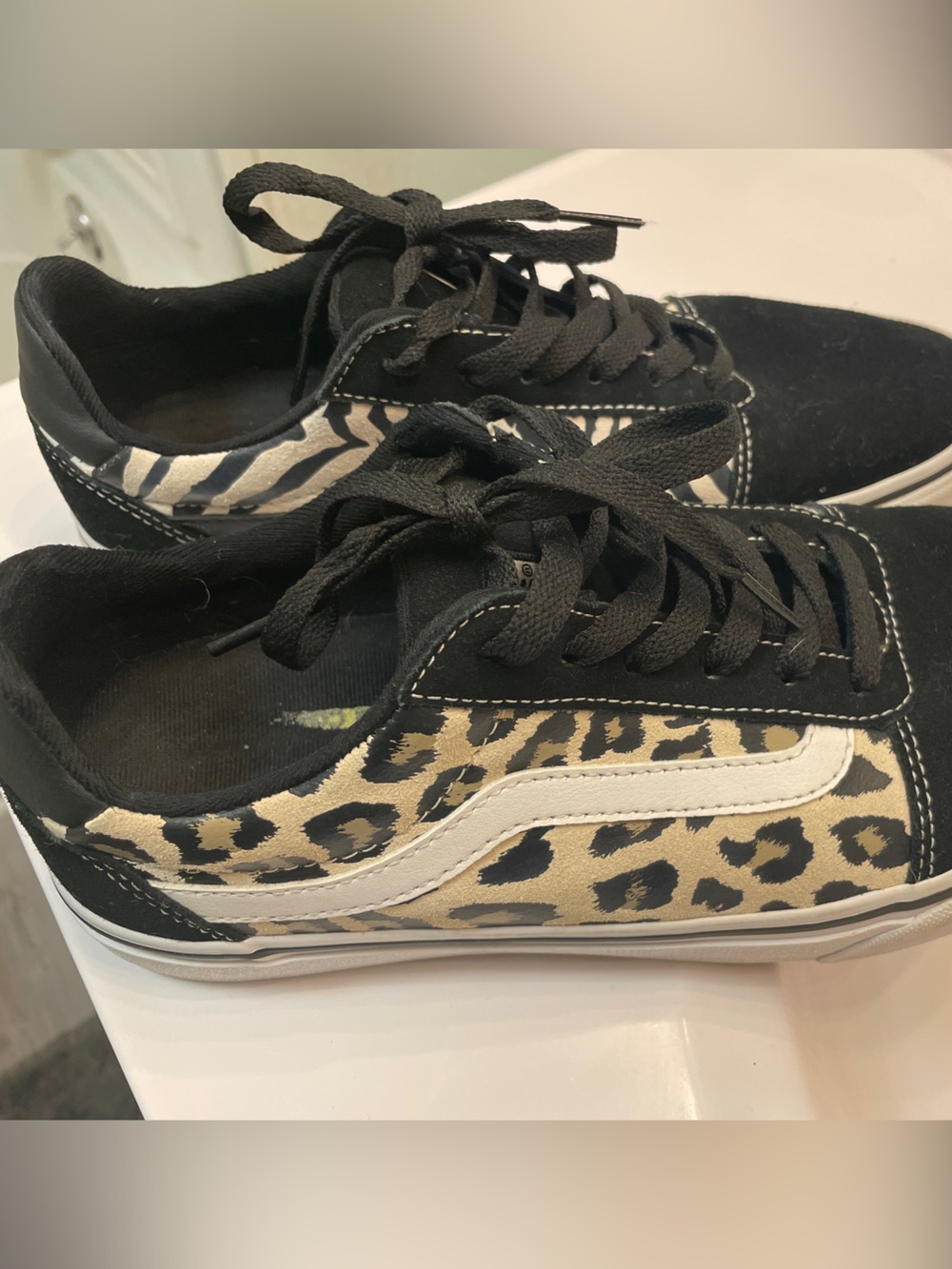 Vans Women’s Low-Top Sneakers in Black, Tan, and White Leopard Print